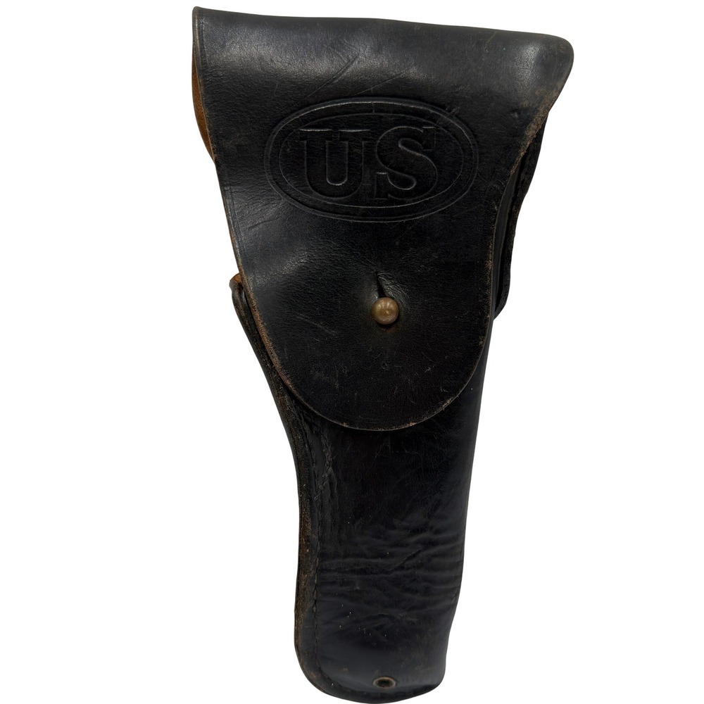 Vintage US Military Leather Holster Black Embossed US Logo Brass Hardware